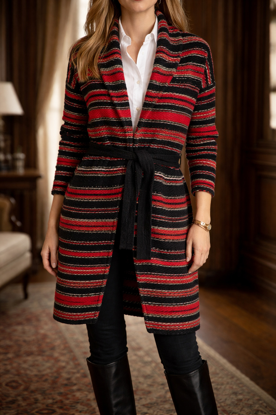 Lauren Ralph Lauren Wool Blend Striped Belted Cardigan Americana Heritage Sz L